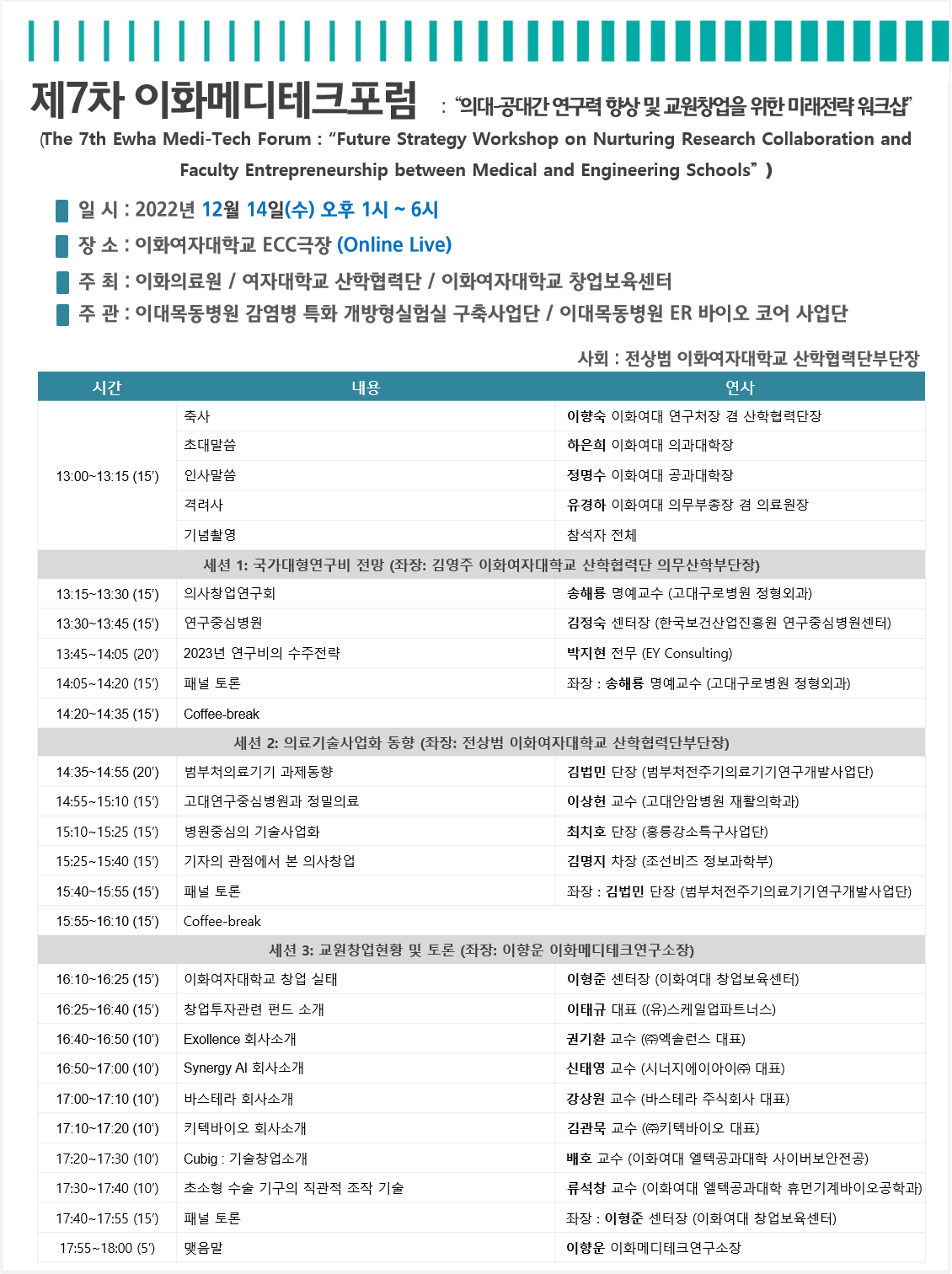 제 7차 이화메디테크포럼 : 의대-공대간 연구력 향상 및 교원창업을 위한 미래전략 워크샵 (22.12.14)